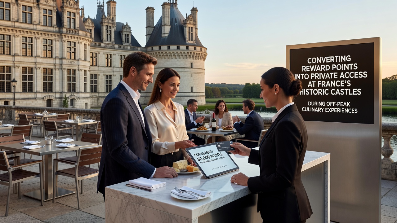 Interior view of a French castle dining hall set for a private culinary tasting event