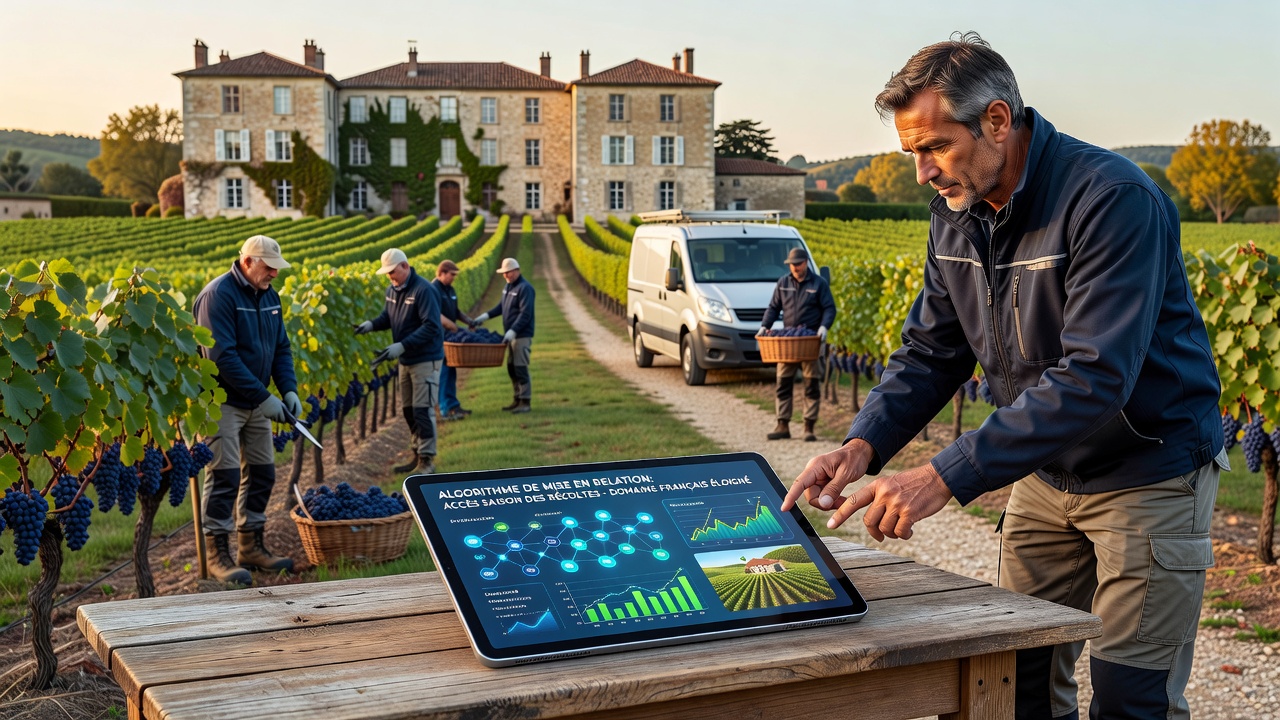 Interior view of a French estate library with digital booking interface displayed on a tablet overlooking autumn vineyards